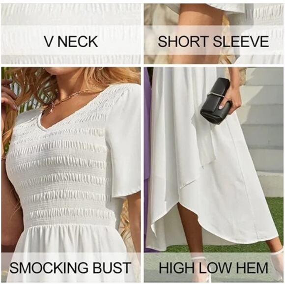 Women Short Sleeve Summer V Neck High Low Smocked Midi Dress Size XS - Picture 10 of 11